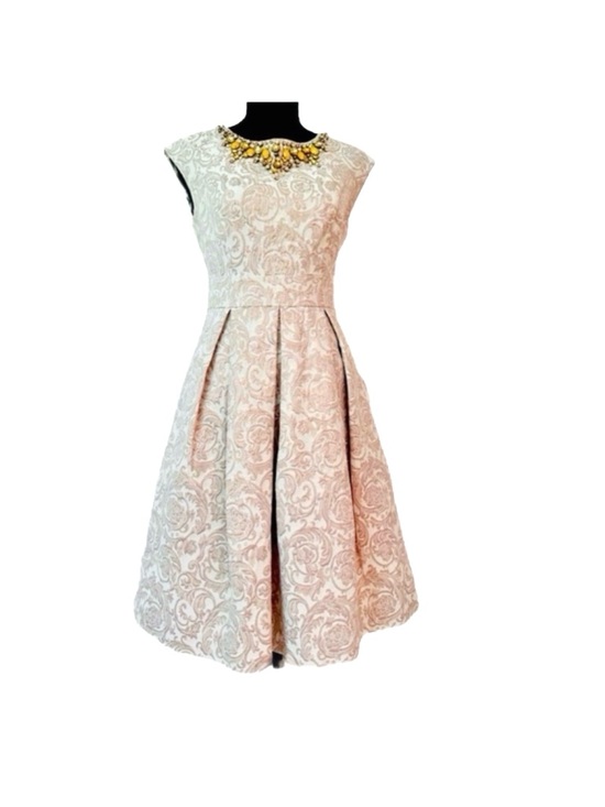 Eliza J Dresses & Skirts - ELIZA J ~ Cream and Gold Jacquard Patterned Dress w/Pockets and Jewel Neckline